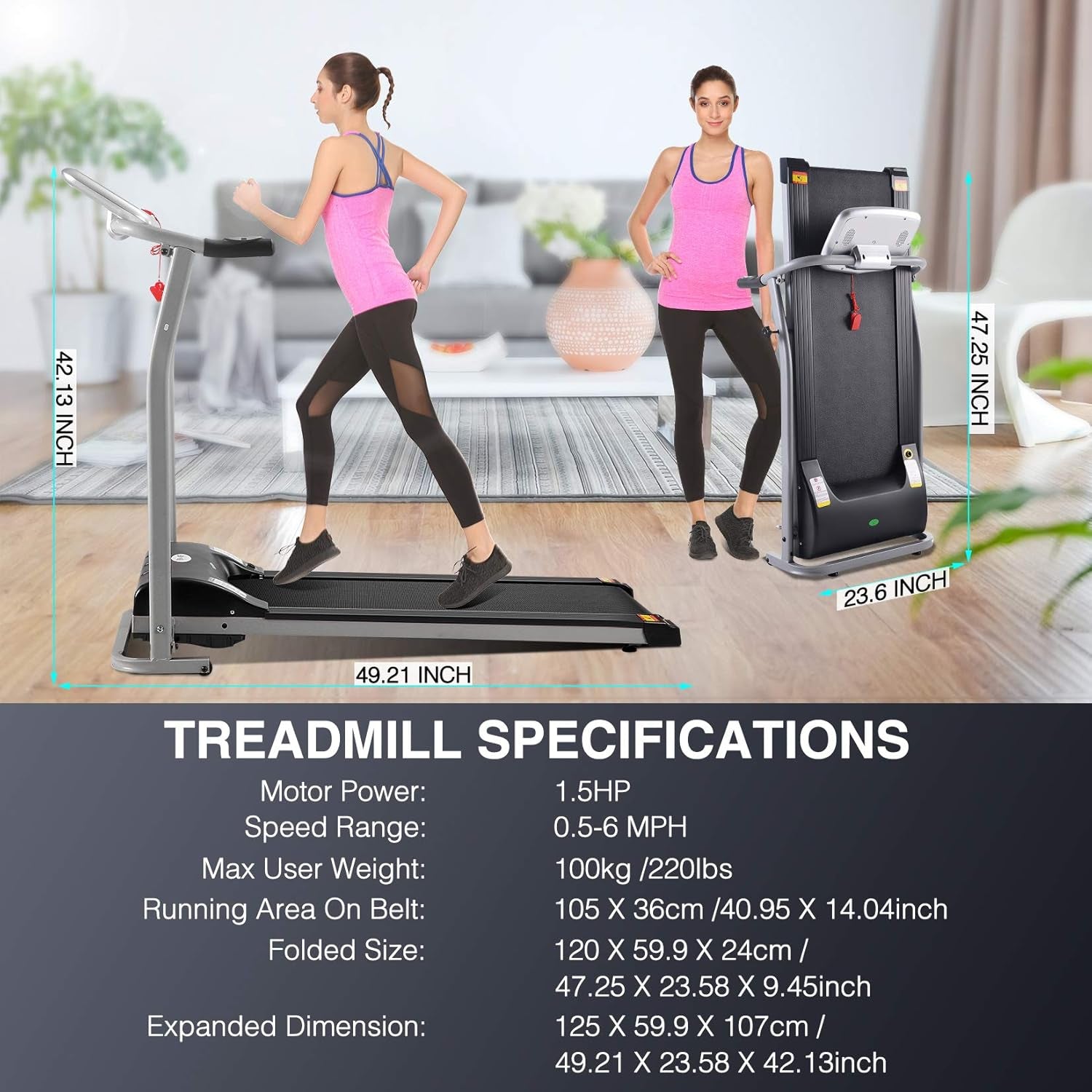 Folding Treadmill Portable Foldable Small Electric Treadmills with LCD Monitor & Pulse Grip & 12 Preset Program for Home Apartment Office Compact Walking Jogging Exercise Machine No Installation